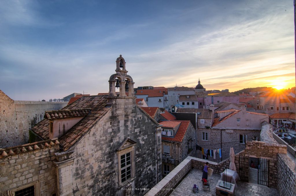 Sunset golden light over Old Town roofs of Dubrovnik old town, C