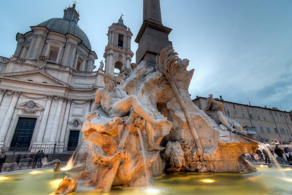 Piazza Navona, the fountain of four rivers designed by G.L.Bernini.
Rome, Italy.