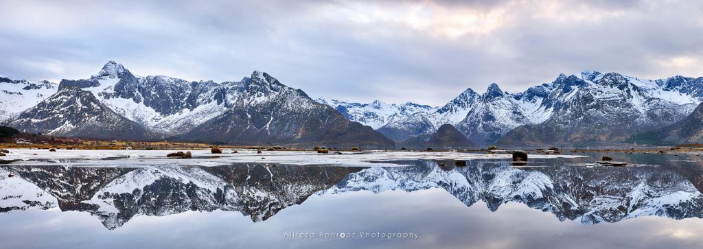 View of Austvagoy Island mountain peaks from norht side of the i