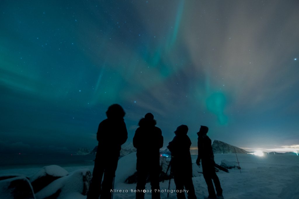 Enjoying the Northern lights with photography buddies, Lofoten